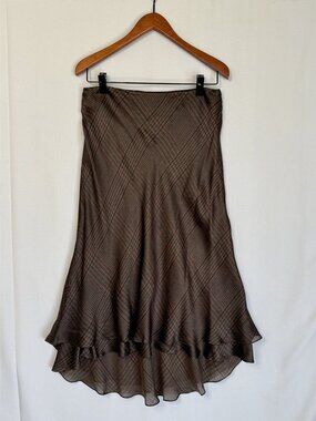 Lauren Ralph Lauren Silk Brown Plaid Bias Cut Double Tiered Midi Skirt Size 10